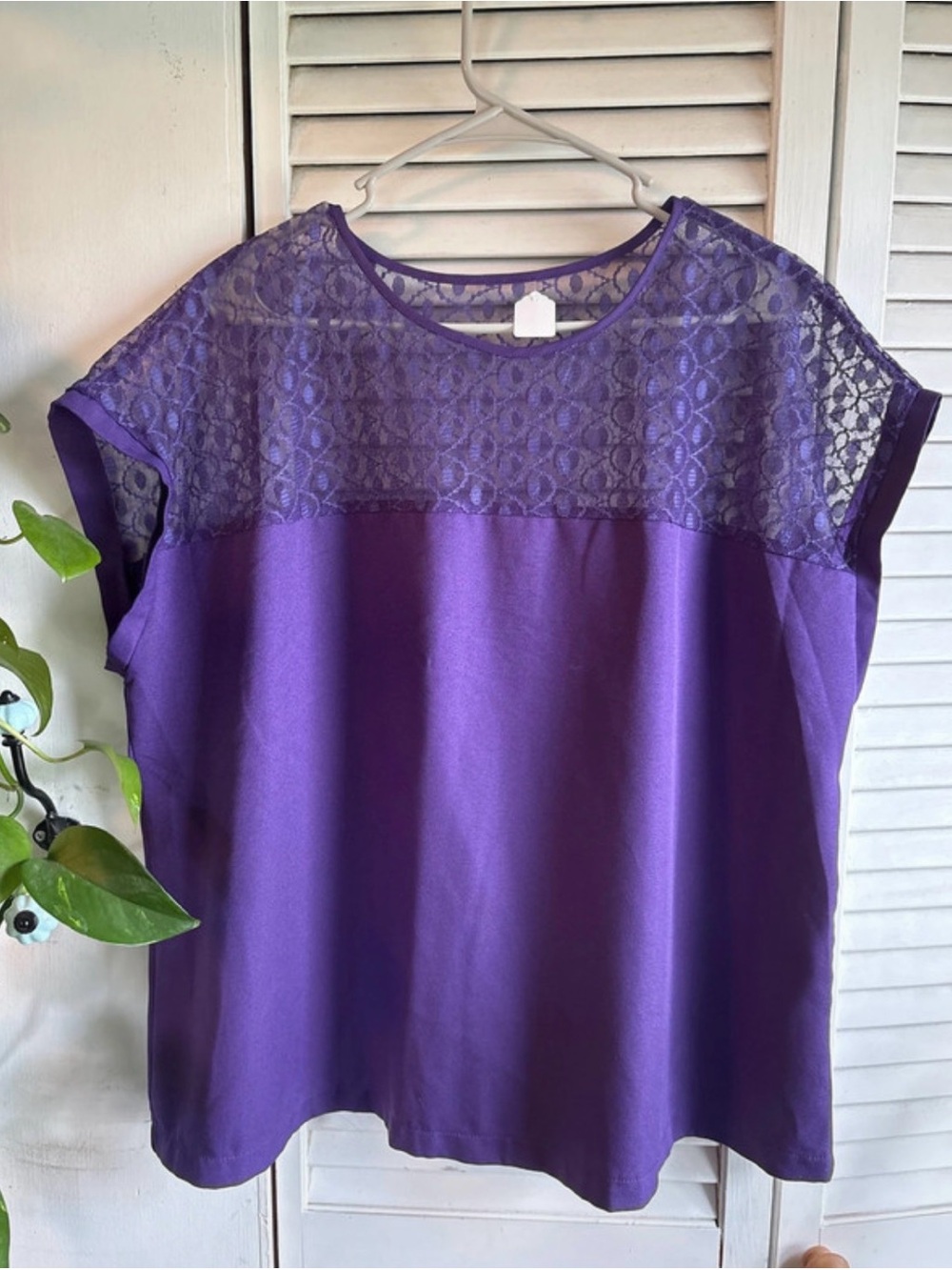 Women's Purple Lace Yoke Blouse - Short Sleeve